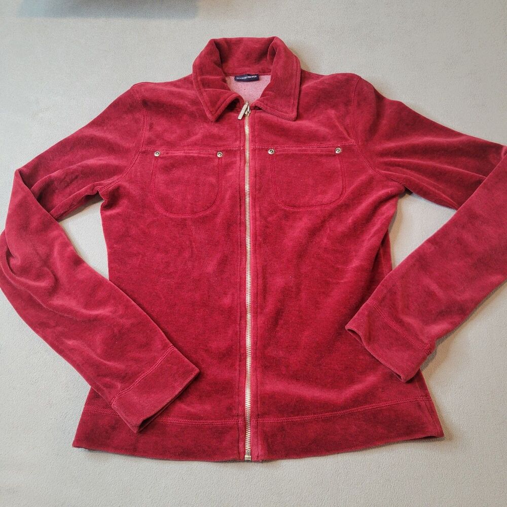 Boston Proper Red Velvet Full Gold Zip Light Sweater Size Small